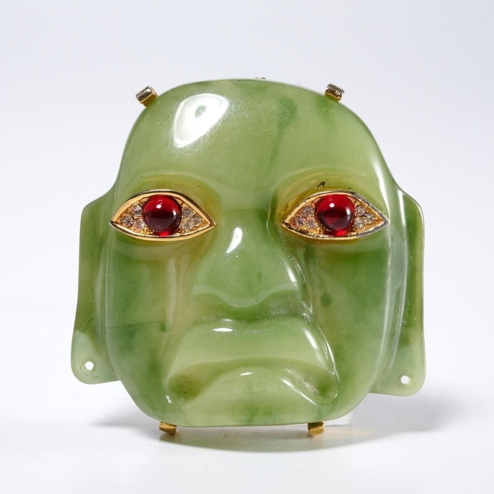 Vintage Kenneth Lane Faux Jade Rhinestone Red Cabochon Tribal Mask Pin Pendant
